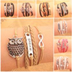 Cheap 10 Designs New lady Retro Metal Heart Eiffel Tower Clover Pearl Infinity Owl Multilayer Leather Bracelet Jewelry Women 2014 M16