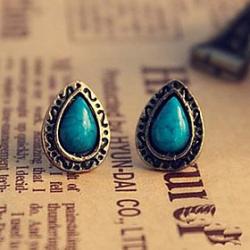 Retro National Wind Blue Pine Carved Gemstone Earrings1 Droplets  E12 Sale