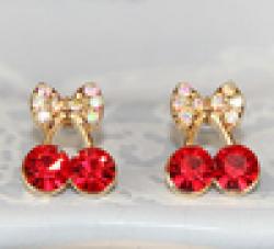 Low Price on Promotion Korean Exquisite Sweet Girls Fashion Brincos 18KG Plated Cystal Cherry Bowknot 18KGP Accessories Stud Earrings E2395