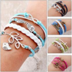 Cheap New 2014 Summer Promotion Discount Vintage Punk Bradided Leather Wax Cords Infinity Leaf Fish Owl Hungry Games Charms bracelets