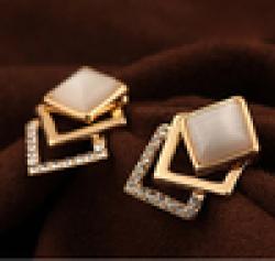 18KG Plated 2014 New Style Korean Temperament OL Fashion Sparking Rhinestone 18KGP Geometry Square Opal Stud Earrings E3260 Sale