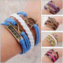 New 2014 Summer Promotion Discount Retro Punk Bradided Wax Cords Infinity Love cross Anchor Owl Hungry Games Charms bracelets Sale