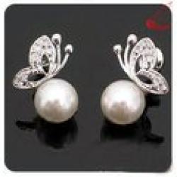 Cheap 2014 Fashion Korean Jewelry Pearl Earrings Silver Plated Pearl Butterfly Earring For Women SE134